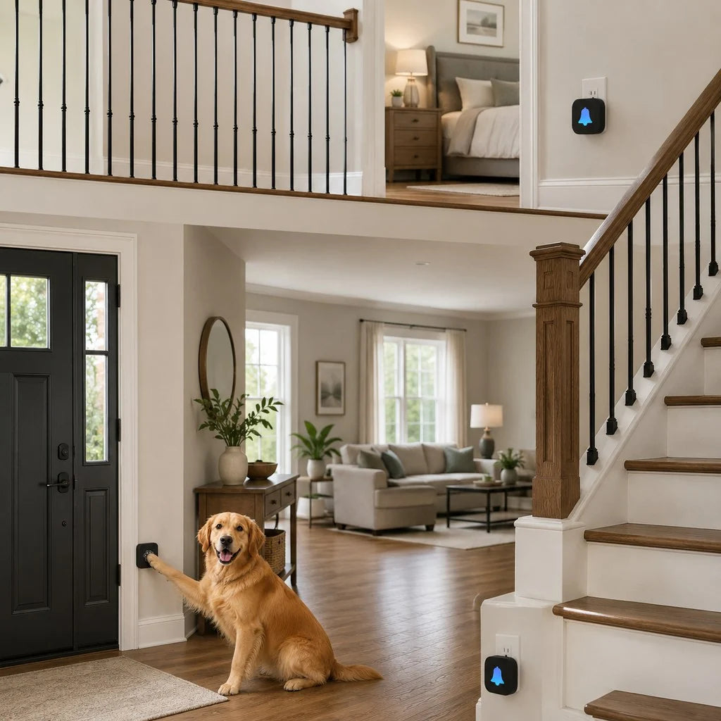 Wireless dog doorbell for potty training featuring a self-powered paw button and a modern plug-in receiver, designed for convenient and effective pet communication. 11