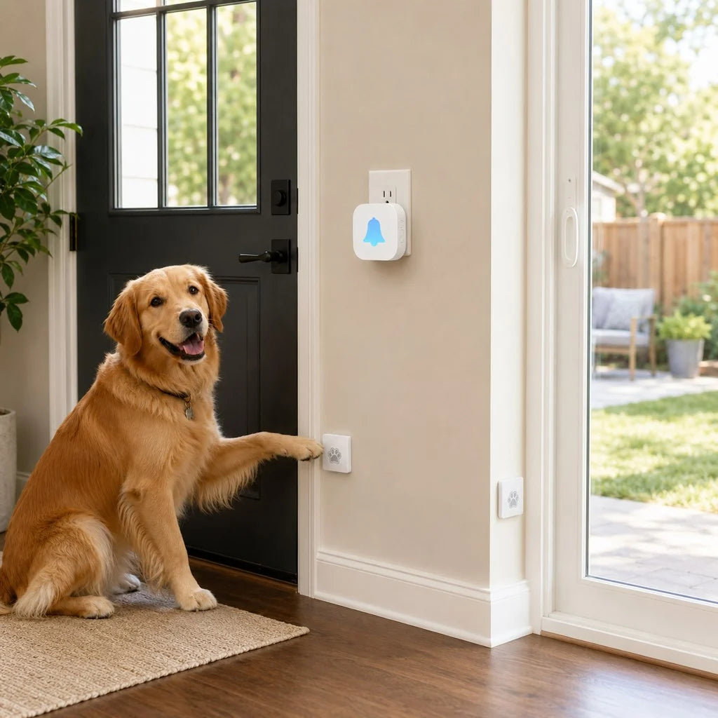 Wireless dog doorbell for potty training featuring a self-powered paw button and a modern plug-in receiver, designed for convenient and effective pet communication. 13