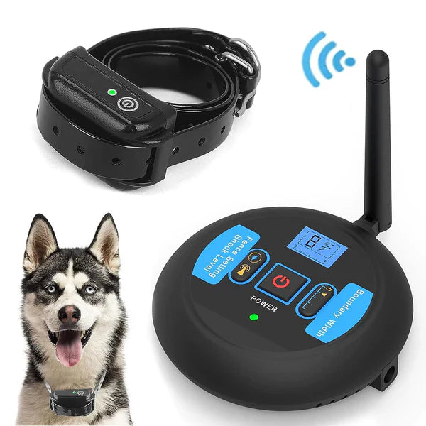 Wireless dog fence system featuring an adjustable range and training collar, designed for both indoor and outdoor use, showcasing its portable and user-friendly design. 1