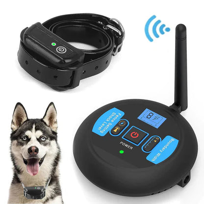 Wireless dog fence system featuring an adjustable range and training collar, designed for both indoor and outdoor use, showcasing its portable and user-friendly design. 1