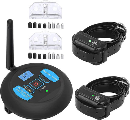 Wireless dog fence system featuring an adjustable range and training collar, designed for both indoor and outdoor use, showcasing its portable and user-friendly design. 9