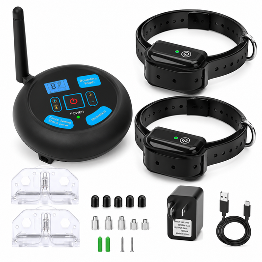 Wireless dog fence with training collar, featuring a 2-in-1 containment system designed for establishing safe outdoor boundaries for pets. 10