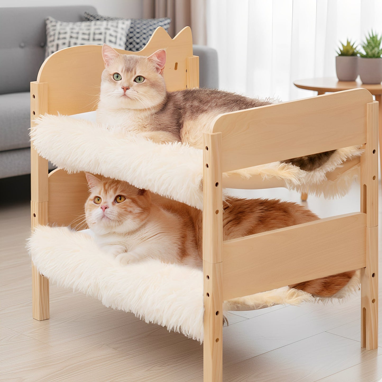 Wooden Cat Bunk Bed with Double Sleeping Areas – Compact and Washable Design for Small Spaces 3