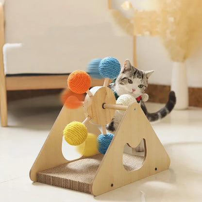 Wooden Cat Toy Wheel with Interactive Rotating Sisal Balls and Scratching Surface for Exercise and Fun 1