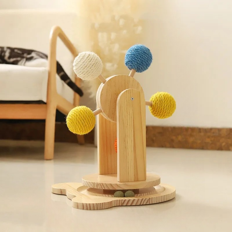 Wooden Cat Toy Wheel with Interactive Rotating Sisal Balls and Scratching Surface for Exercise and Fun 3