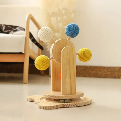 Wooden Cat Toy Wheel with Interactive Rotating Sisal Balls and Scratching Surface for Exercise and Fun 3