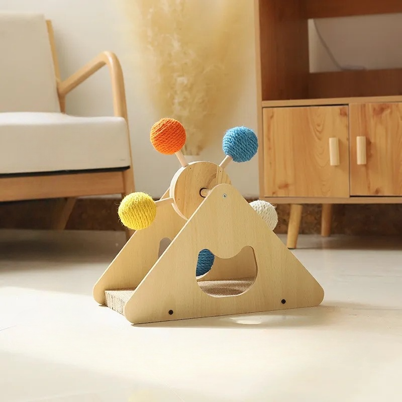Wooden Cat Toy Wheel with Interactive Rotating Sisal Balls and Scratching Surface for Exercise and Fun 5