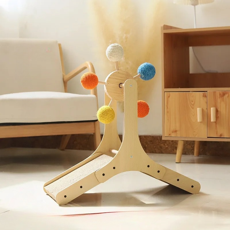 Wooden Cat Toy Wheel with Interactive Rotating Sisal Balls and Scratching Surface for Exercise and Fun 6