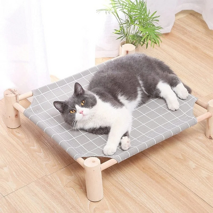 Wooden Elevated Cat Hammock Bed with Soft Cotton Canvas – Stylish Indoor Lounge for Cats 1