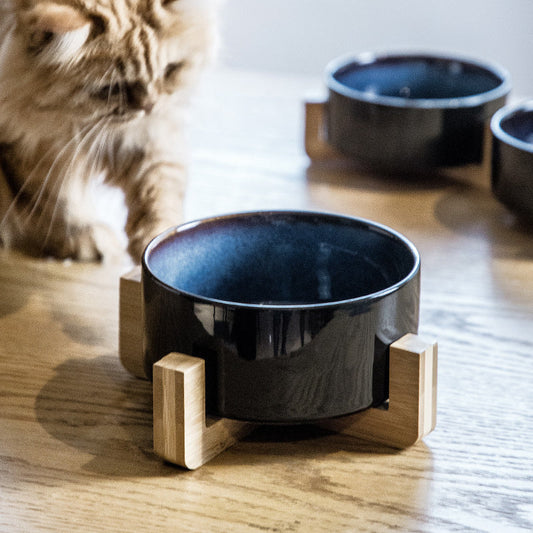CelestiPaw Starry Sky Ceramic Cat Bowl – Double Bowl with Wooden Frame for Neck Protection