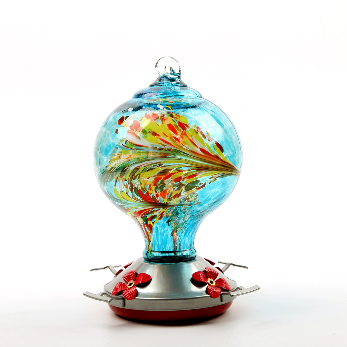 Hand Blown Glass Hummingbird Feeder in Ocean Blue with Durable Metal Base