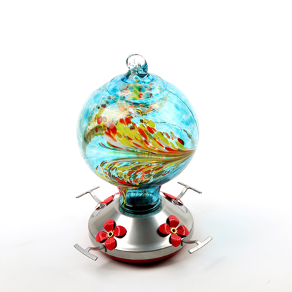 Hand Blown Glass Hummingbird Feeder in Ocean Blue with Durable Metal Base