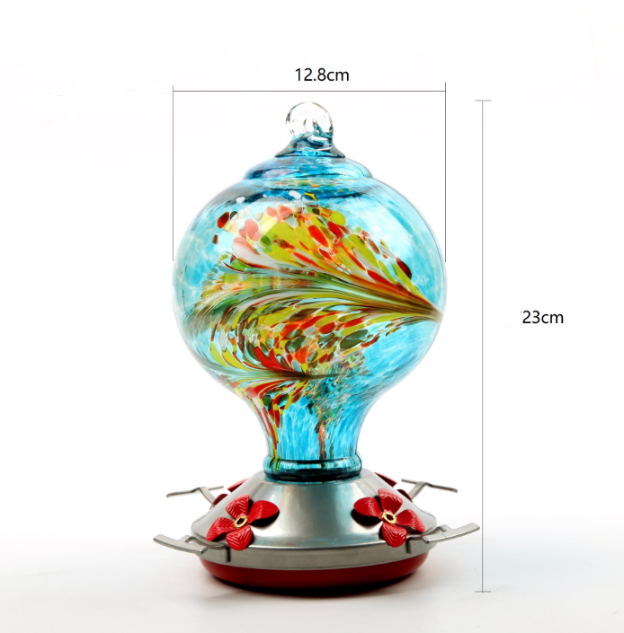 Hand Blown Glass Hummingbird Feeder in Ocean Blue with Durable Metal Base